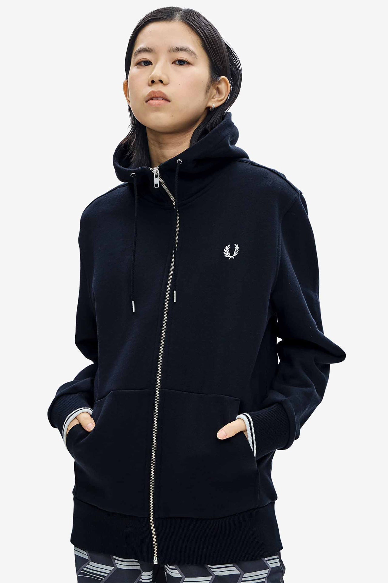 Fred Perry Full-Zip Hoodie with Embroidered Logo and Contrast Cuffs