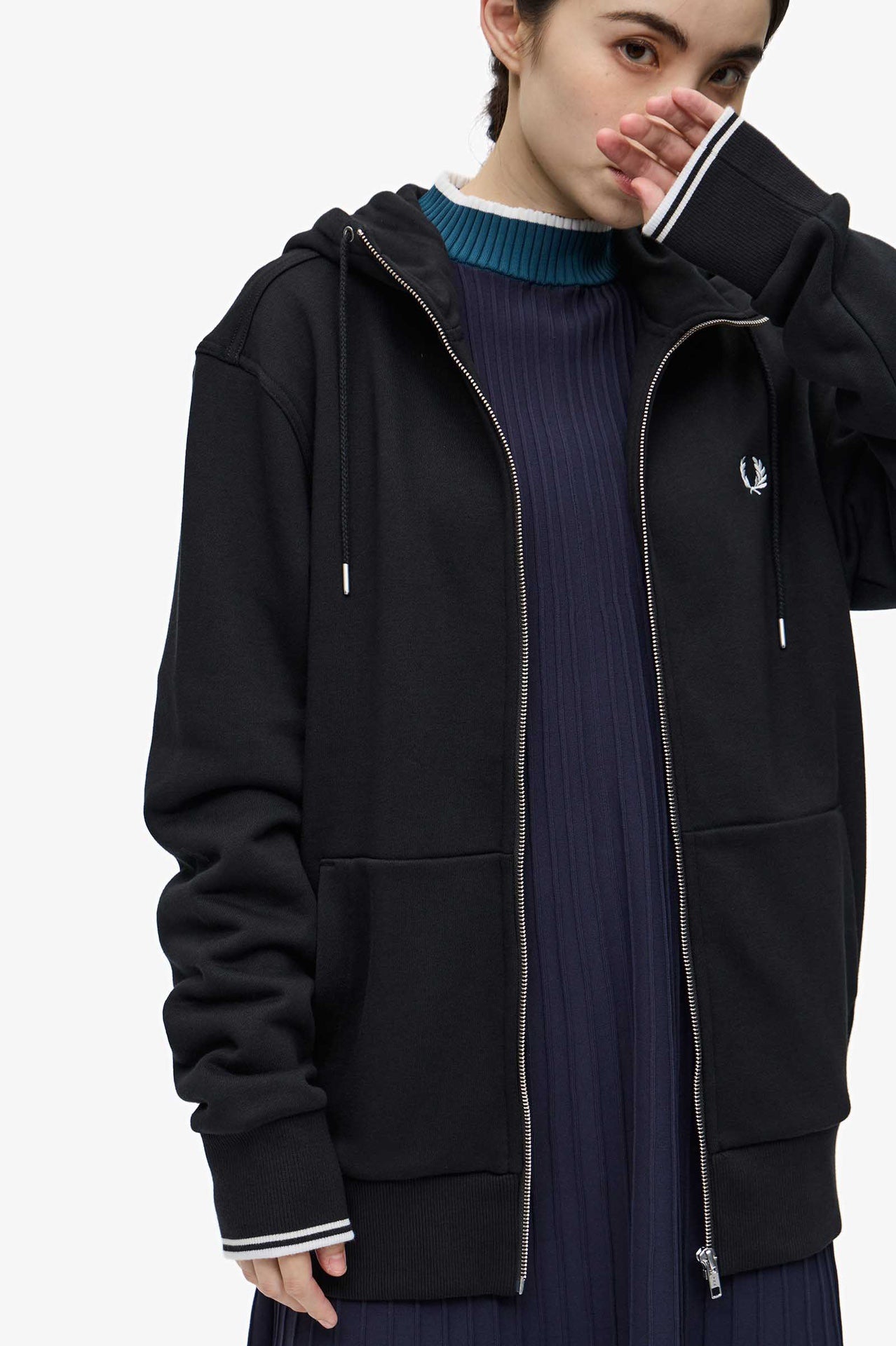 Fred Perry Full-Zip Hoodie with Embroidered Logo and Contrast Cuffs